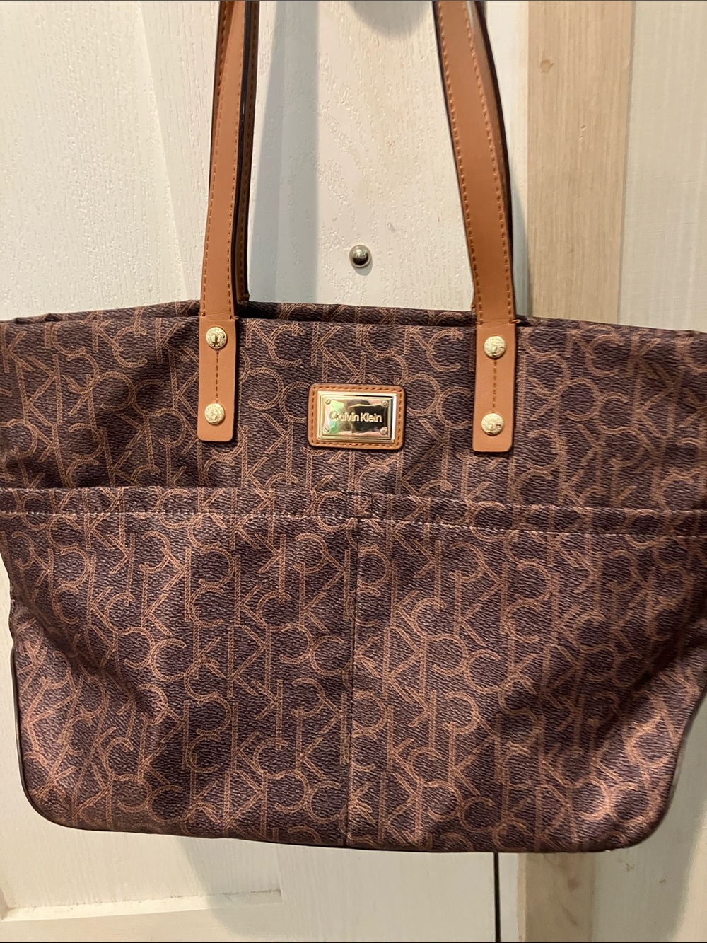 Calvin Klein Dark Brown Monogram Tote with Tan Straps